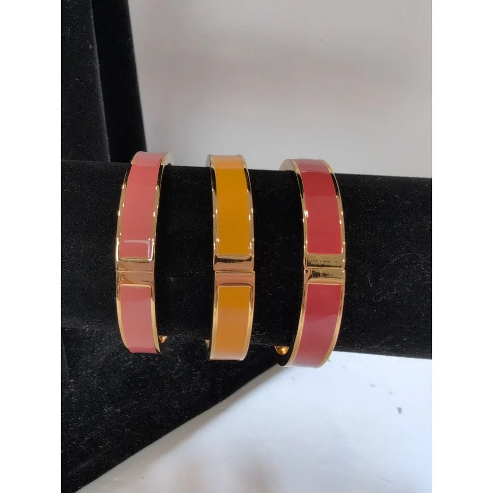 Cuff Bracelet Lot Of  3 Talbots Gold Tone Pink, Yellow And Coral Enamel Hinges